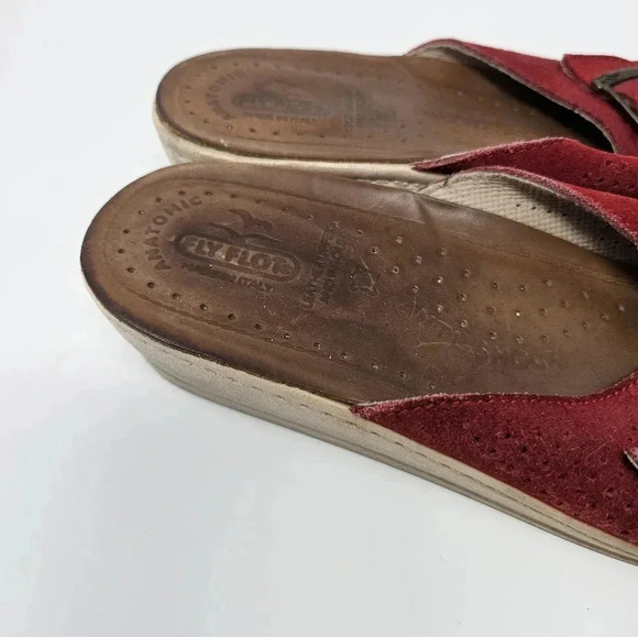 Fly Flot Red Leather Wedge Sandals Size 41  Anatomic Anti Shock Slip On Slides - Picture 7 of 10